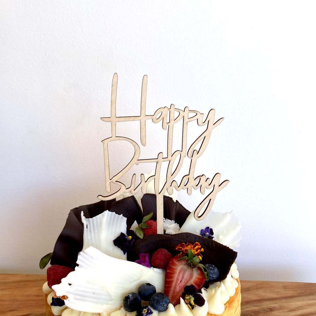Wooden Happy Birthday Cake Topper - Camper & Tree Design, Woodland Theme For Boys & Girls (6.29"H X 5.11"W)