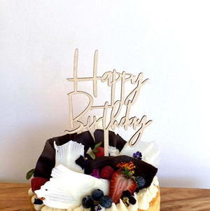 Wooden Happy Birthday Script Cake Topper - Style 2