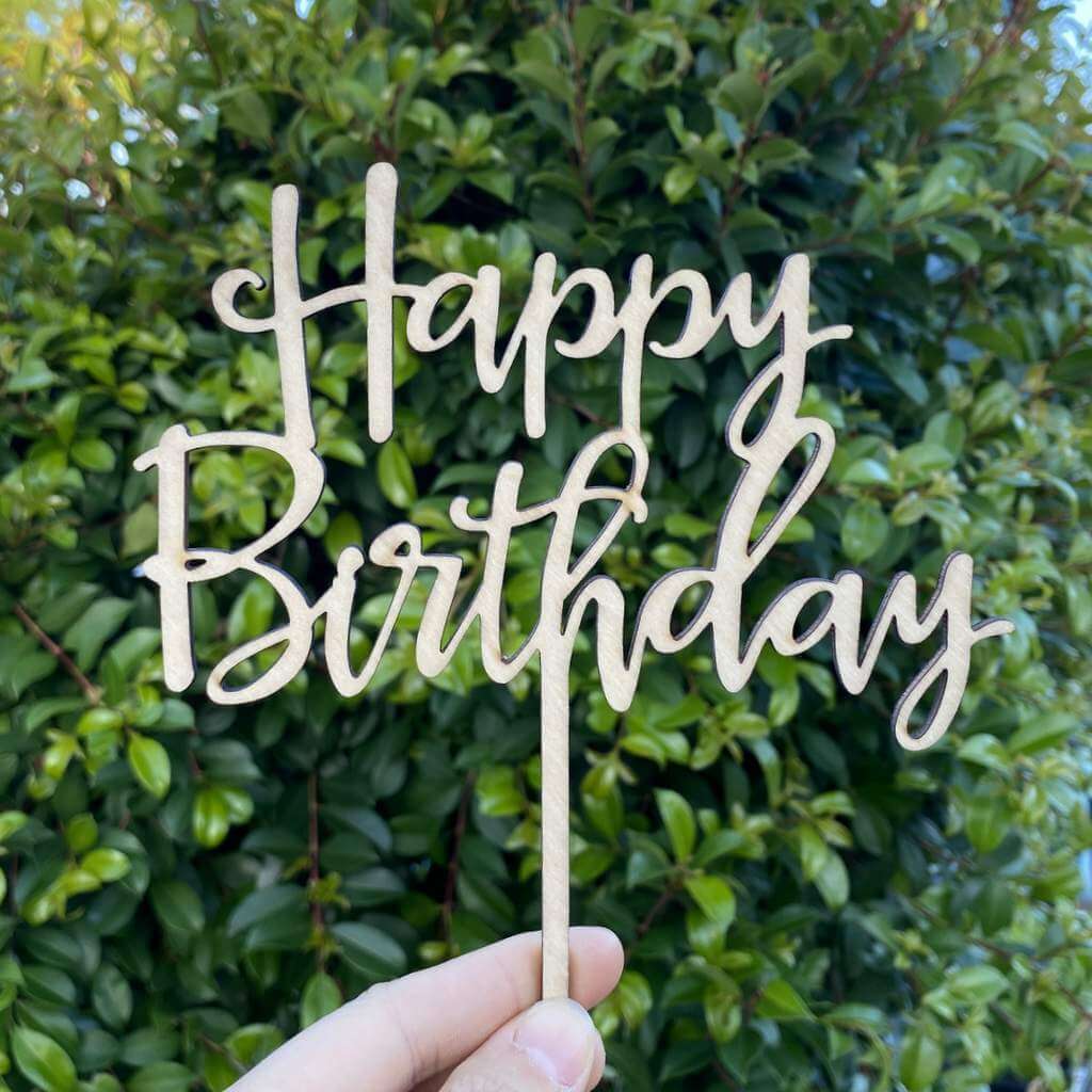 Wooden Happy Birthday Script Cake Topper - Style 1
