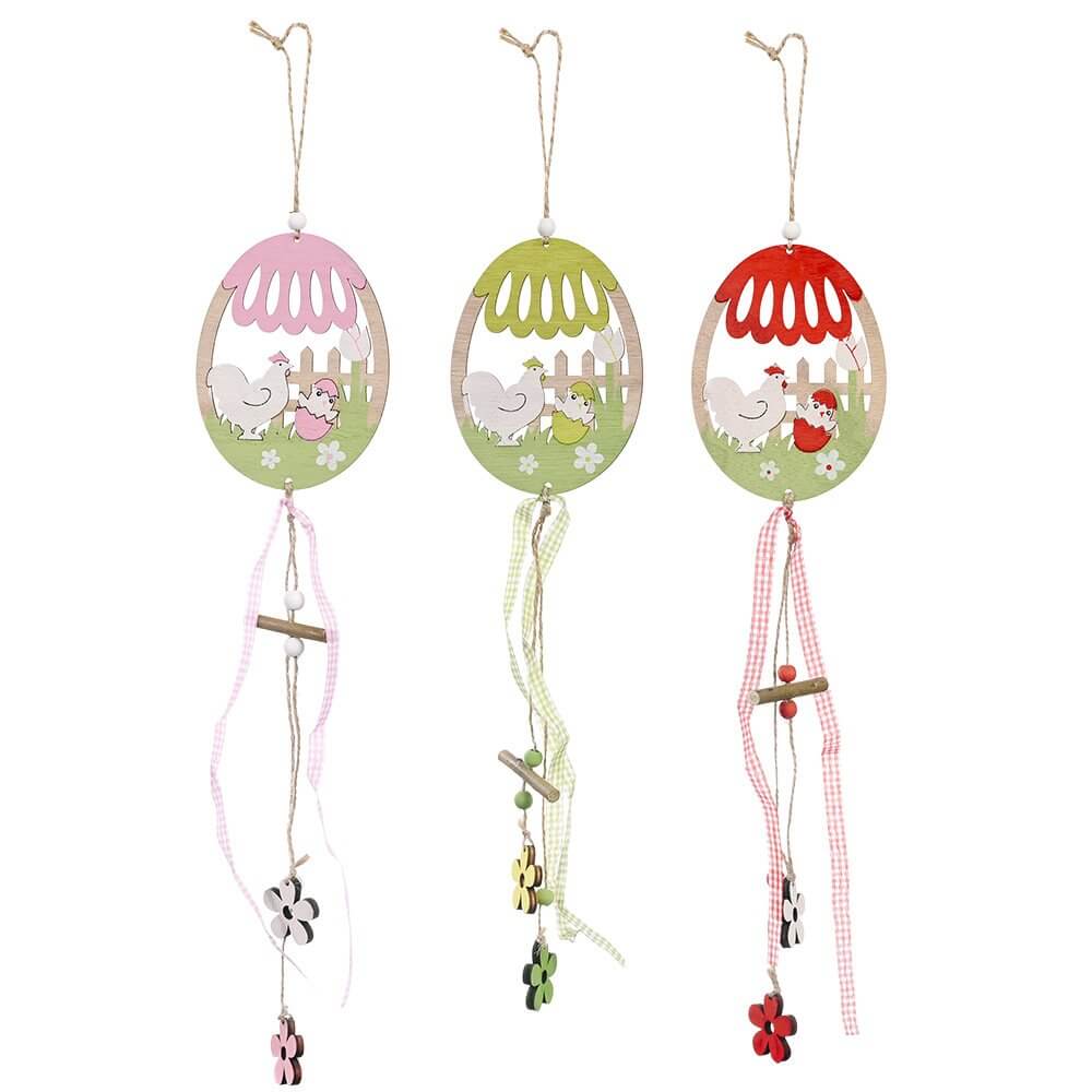 Wooden Happy Easter Hen & Chick in Egg Hanging Ornament Pendant