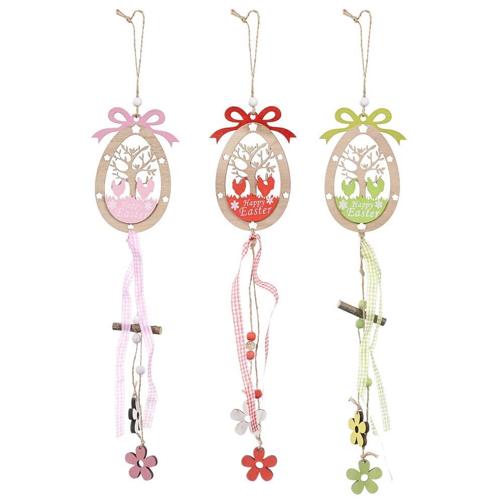 Wooden Happy Easter Chickens in Egg Hanging Ornament Pendant