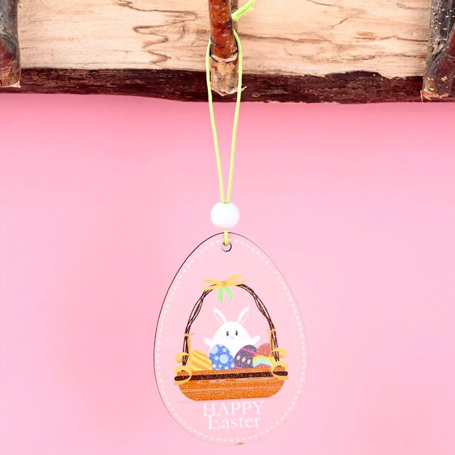 Wooden Happy Easter Egg Hanging Ornament Pendant 2 Pack