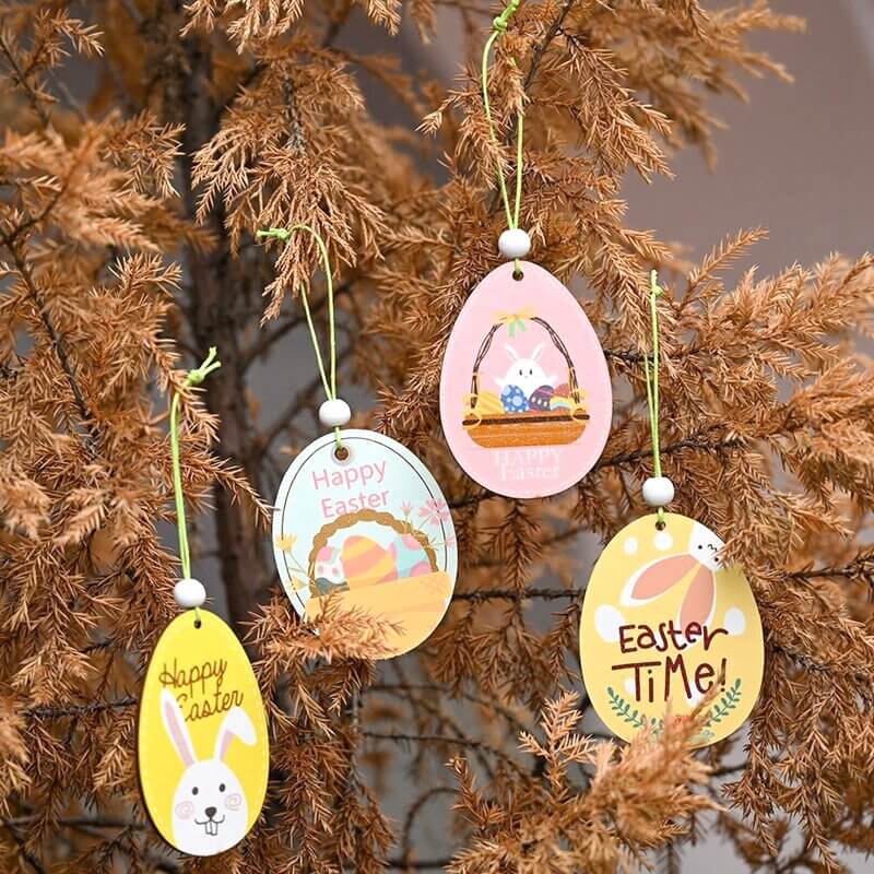 Wooden Happy Easter Egg Hanging Ornament Pendant 2 Pack