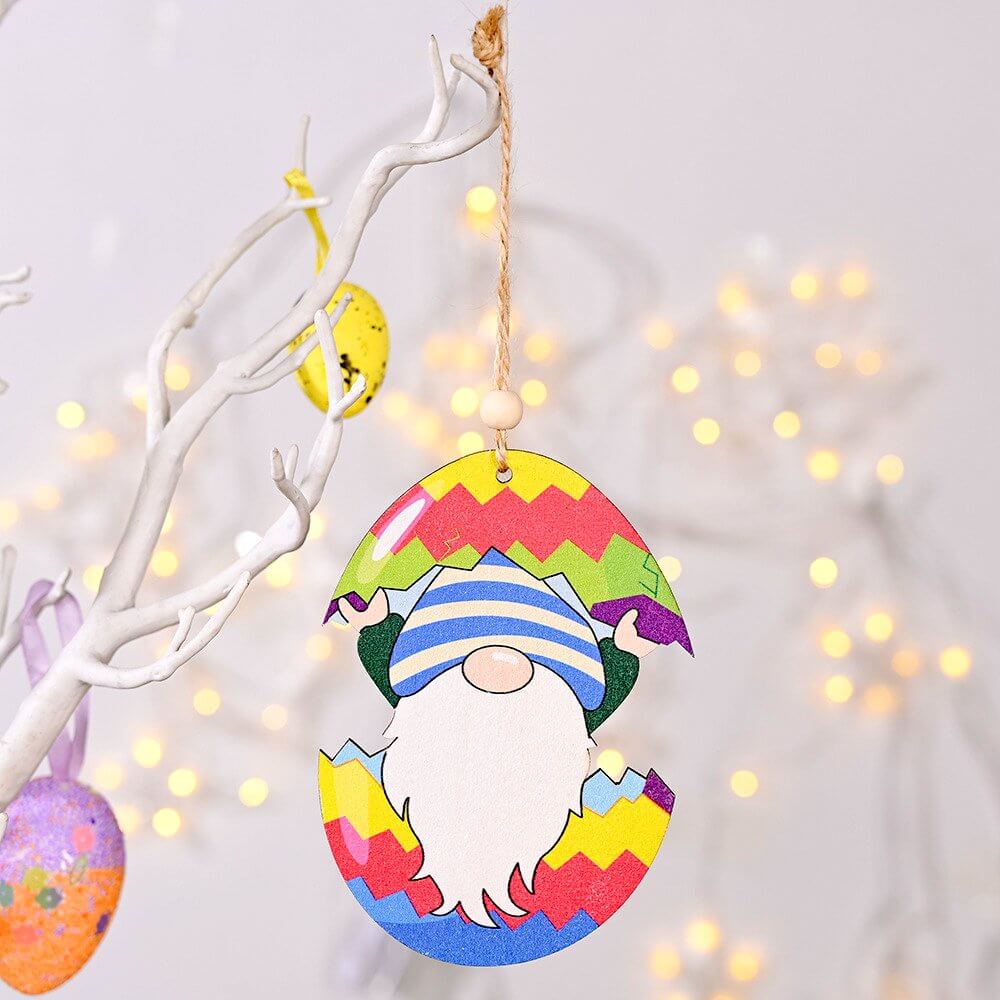 Wooden Rainbow Easter Gnome & Egg Hanging Ornament