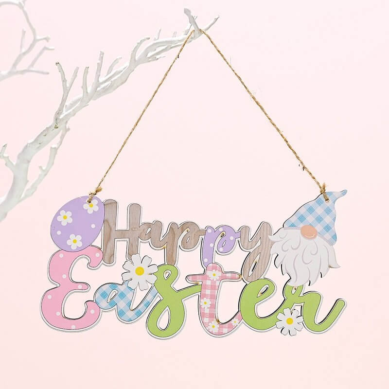 Wooden Happy Easter Rabbit Gnome Door Hanging Ornament