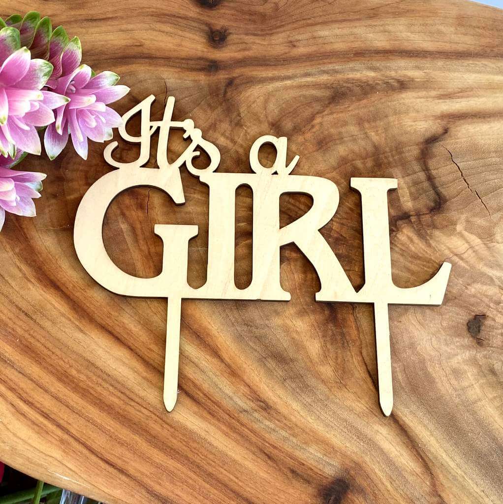 wooden IT'S A GIRL script baby shower Cake Topper