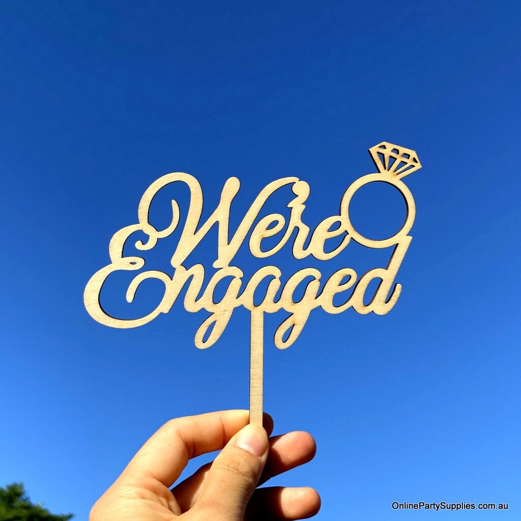 Online Party Supplies Australia wooden we're engaged diamond ring wedding cake topper