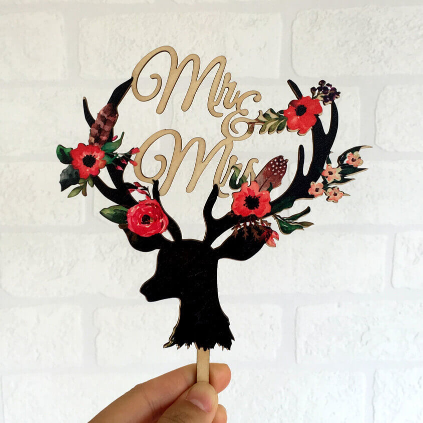 Vintage Wood 'Mr & Mrs' Floral Antler Wedding Bridal Shower Cake Topper
