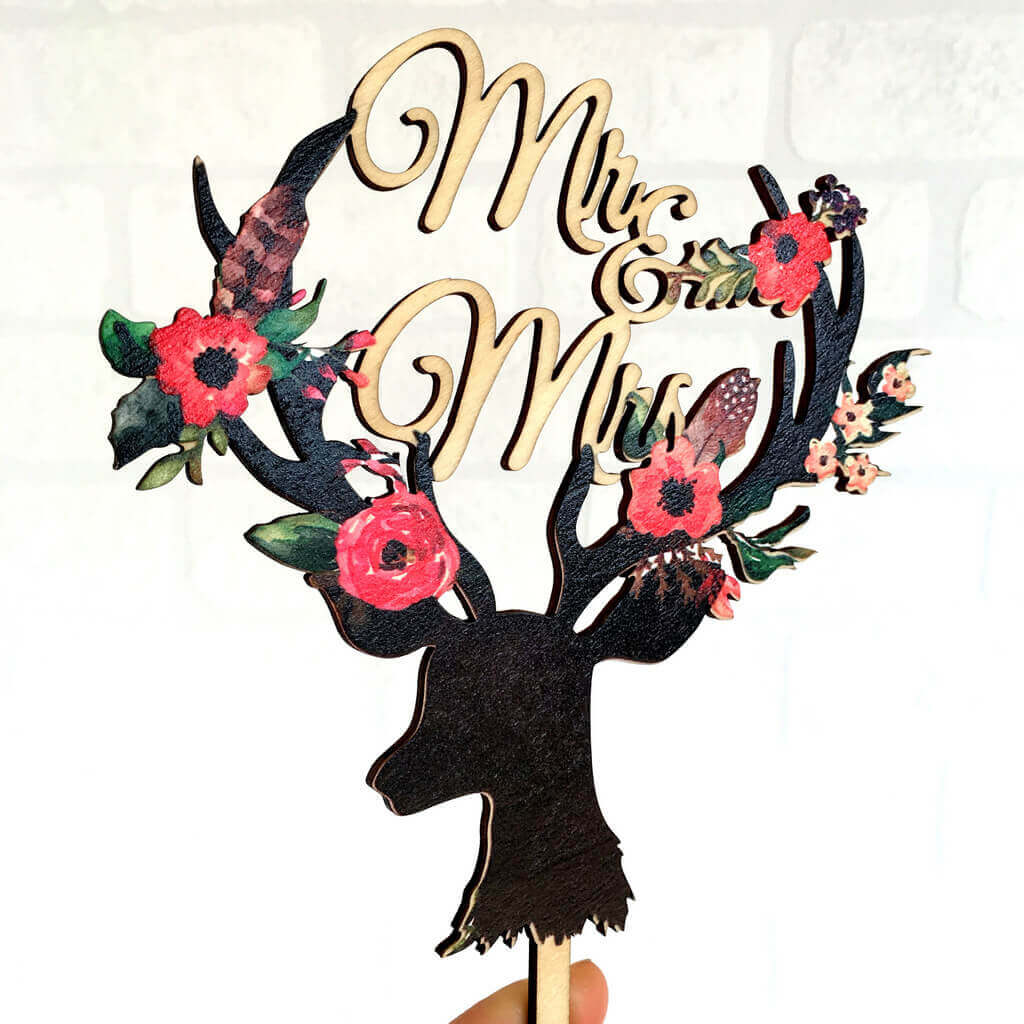 Vintage Wood 'Mr & Mrs' Floral Antler Wedding Bridal Shower Cake Topper