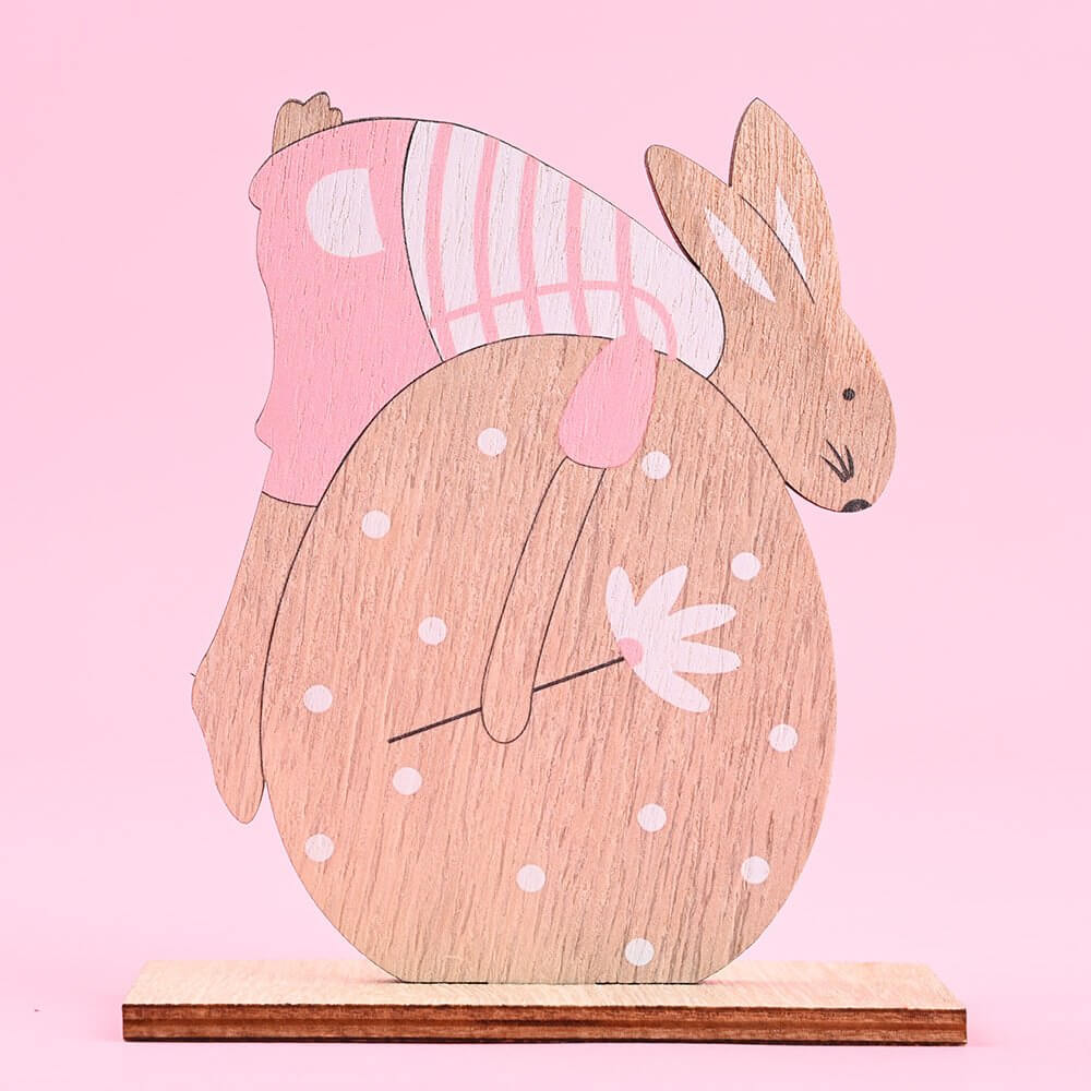 Wooden Easter Bunny Hugging Giant Egg Shelf Sitter