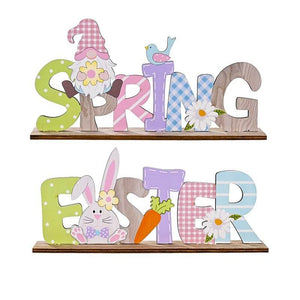 Wooden Easter Spring Rabbit & Gnome Shelf Sitter Ornament