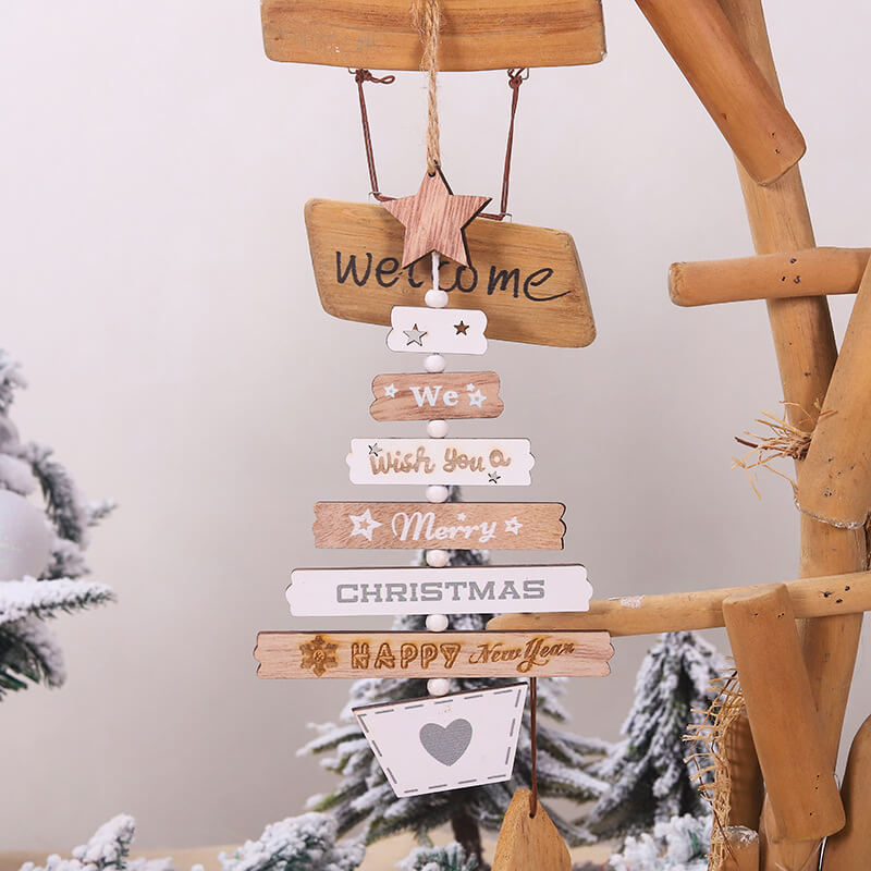 Wooden We Wish You A Merry Christmas & Happy New Year Hanging Pendant - White & brown