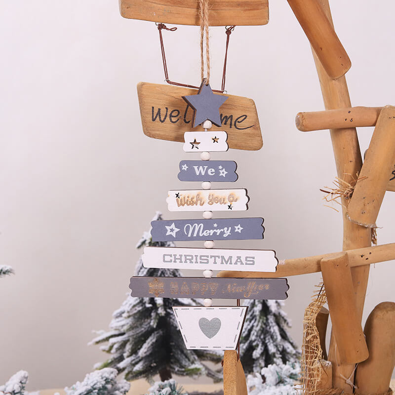 Wooden We Wish You A Merry Christmas & Happy New Year Hanging Pendant - White & grey