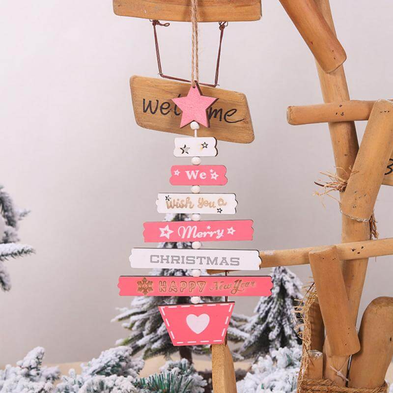 Wooden We Wish You A Merry Christmas & Happy New Year Hanging Pendant - White & pink
