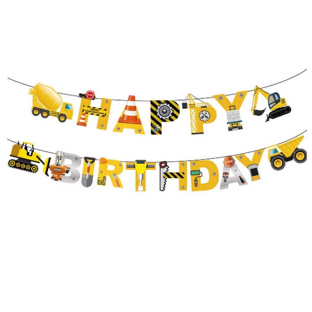 Yellow Construction Vehicle Themed Happy Birthday Paper Banner