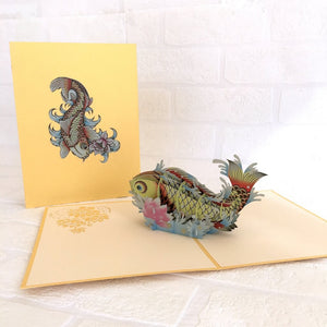 Handmade Online Party Supplies Yellow Japanese Koi Fish 3D Pop Up good luck Card