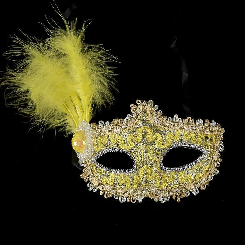 Glitter Sequin Lace Tall Feather Masquerade Mask - Yellow